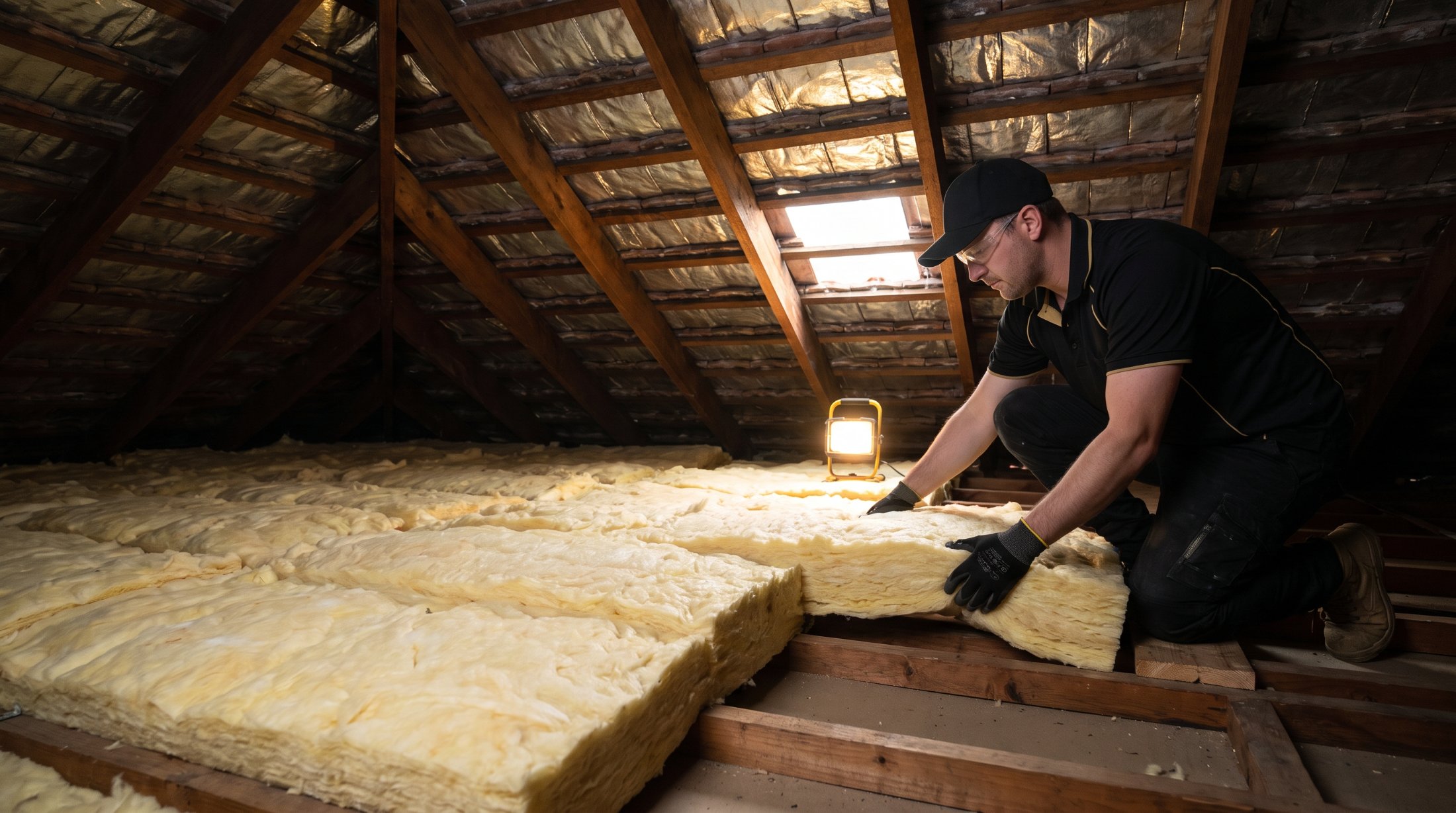 Installer fitting new ceiling insulation batts between roof joists