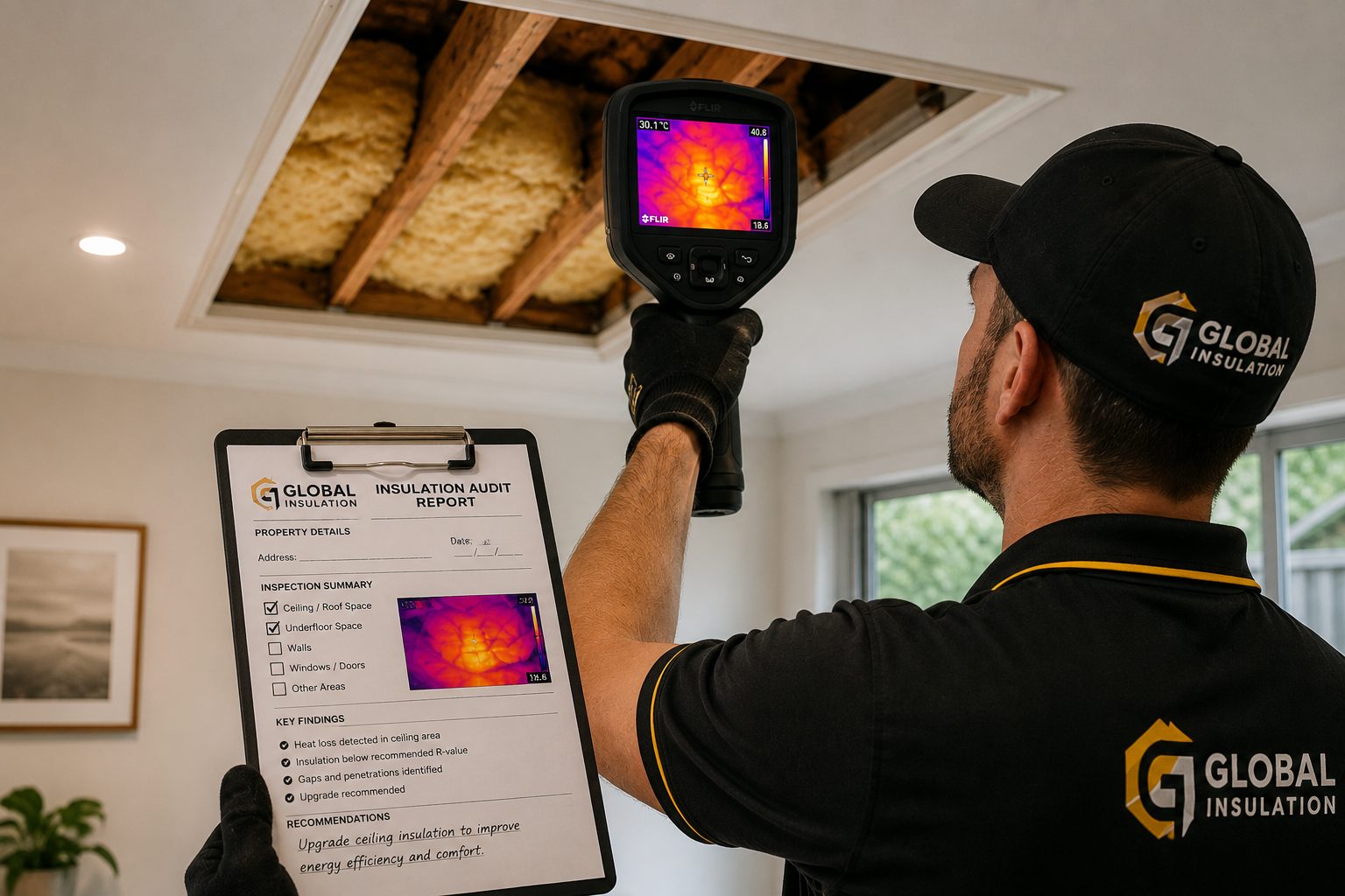Global Insulation technician checking a ceiling with a thermal camera